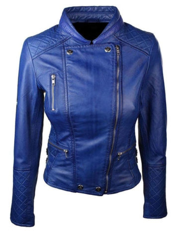 Slim-Fit Blue Leather Jacket For Women