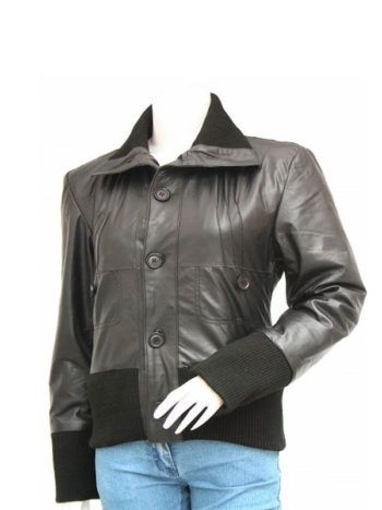 Women's Black Leather Bomber Jacket