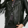 Black Leather Fringe Jacket For Women's