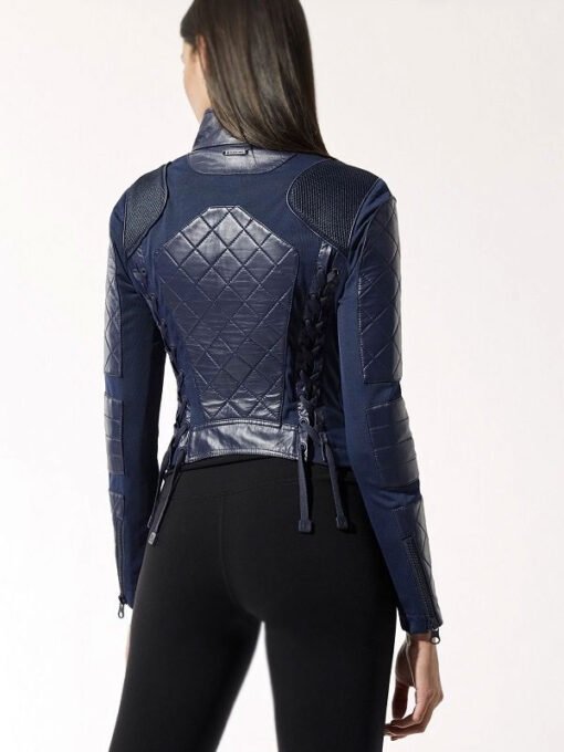 Blue Leather Biker Jacket For Women