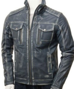 Men's Blue Leather Biker Jacket