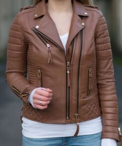 Quilted Brown Leather Biker Jacket For Women