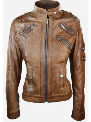 Vintage Brown Leather Moto Jacket For Women