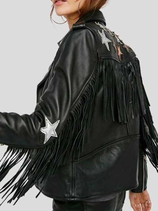 Fringe Style Black Leather Jacket For Women