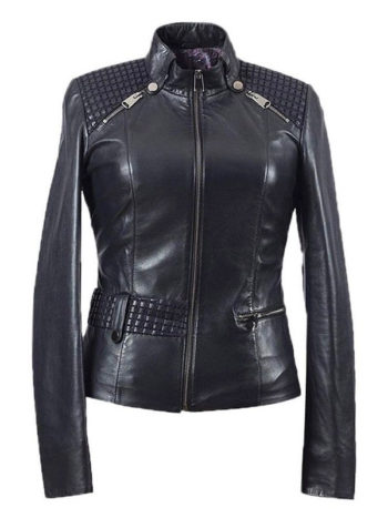 Black Leather Slim-Fit Jacket For Women