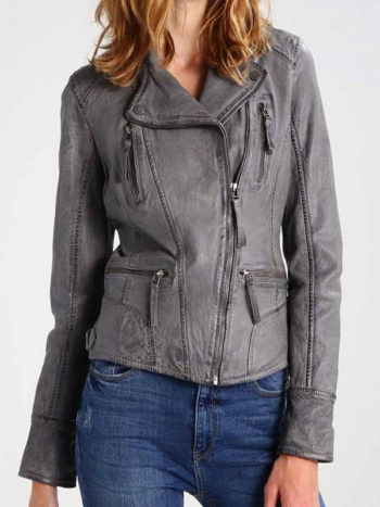 Women's Grey Leather Biker Jacket