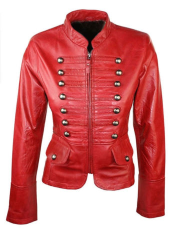 Military Style Red Leather Jacket For Women