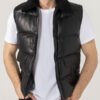 Black Leather Puffer Vest For Men