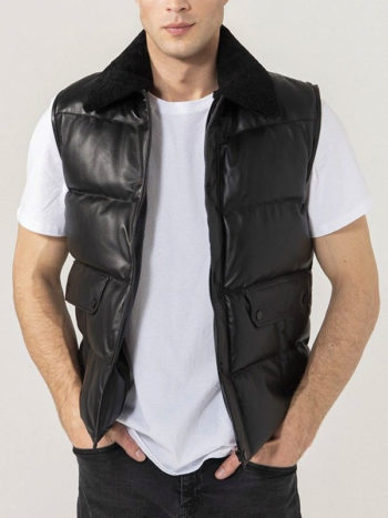 Black Leather Puffer Vest For Men