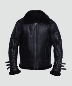 Mens Biker Black Genuine Shearling Leather Jacket