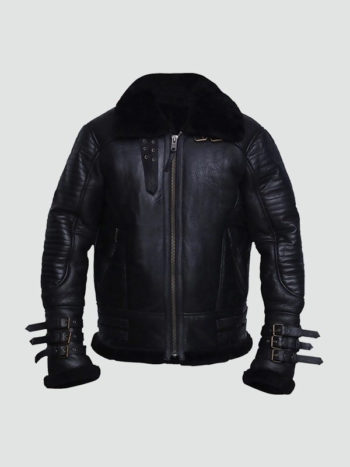 Mens Biker Black Genuine Shearling Leather Jacket