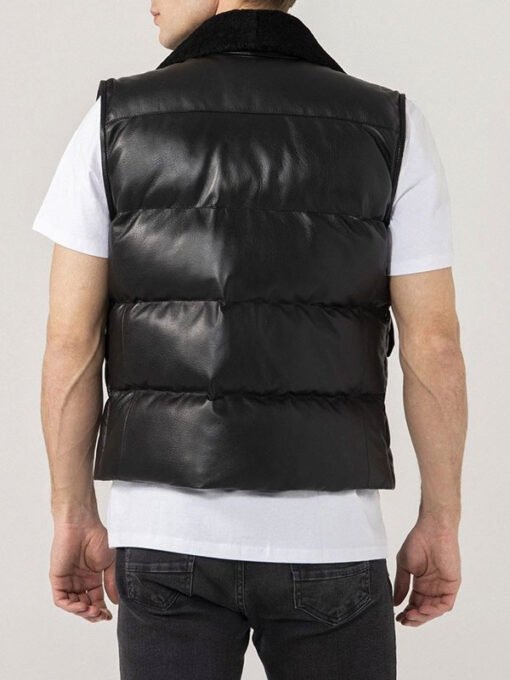Men's Black Leather Puffer Vest