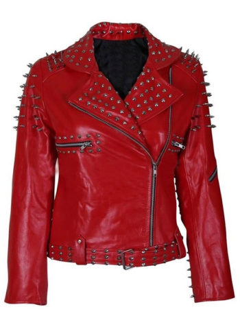 Women's Studded Red Leather Jacket