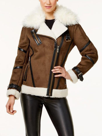 Womens Asymmetrical Brown Shearling Leather Jacket