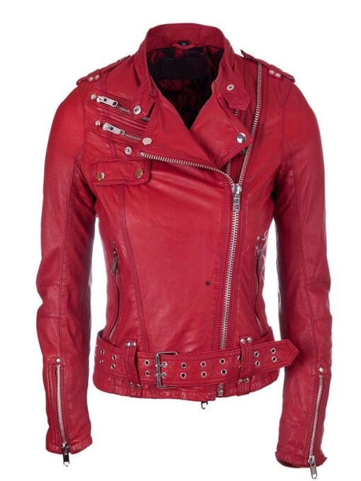 Women's Red Leather Moto Jacket