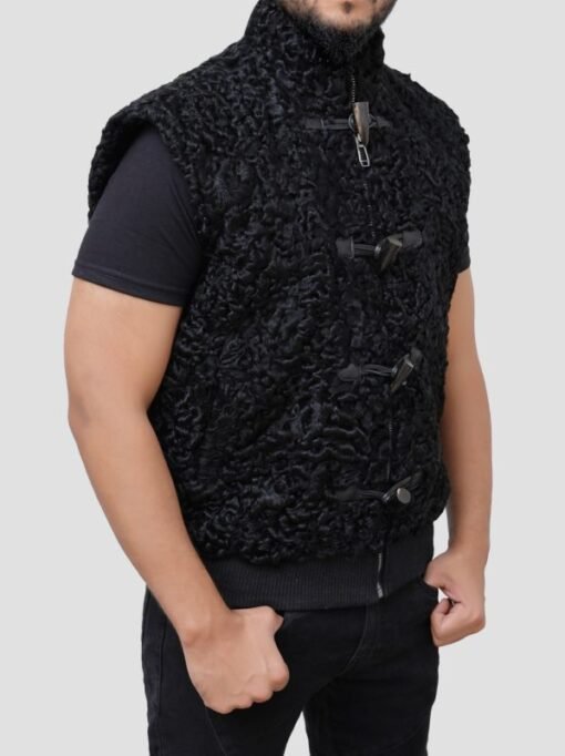 Men Lambskin Curly Black Real Shearling Leather Vest - Image 2